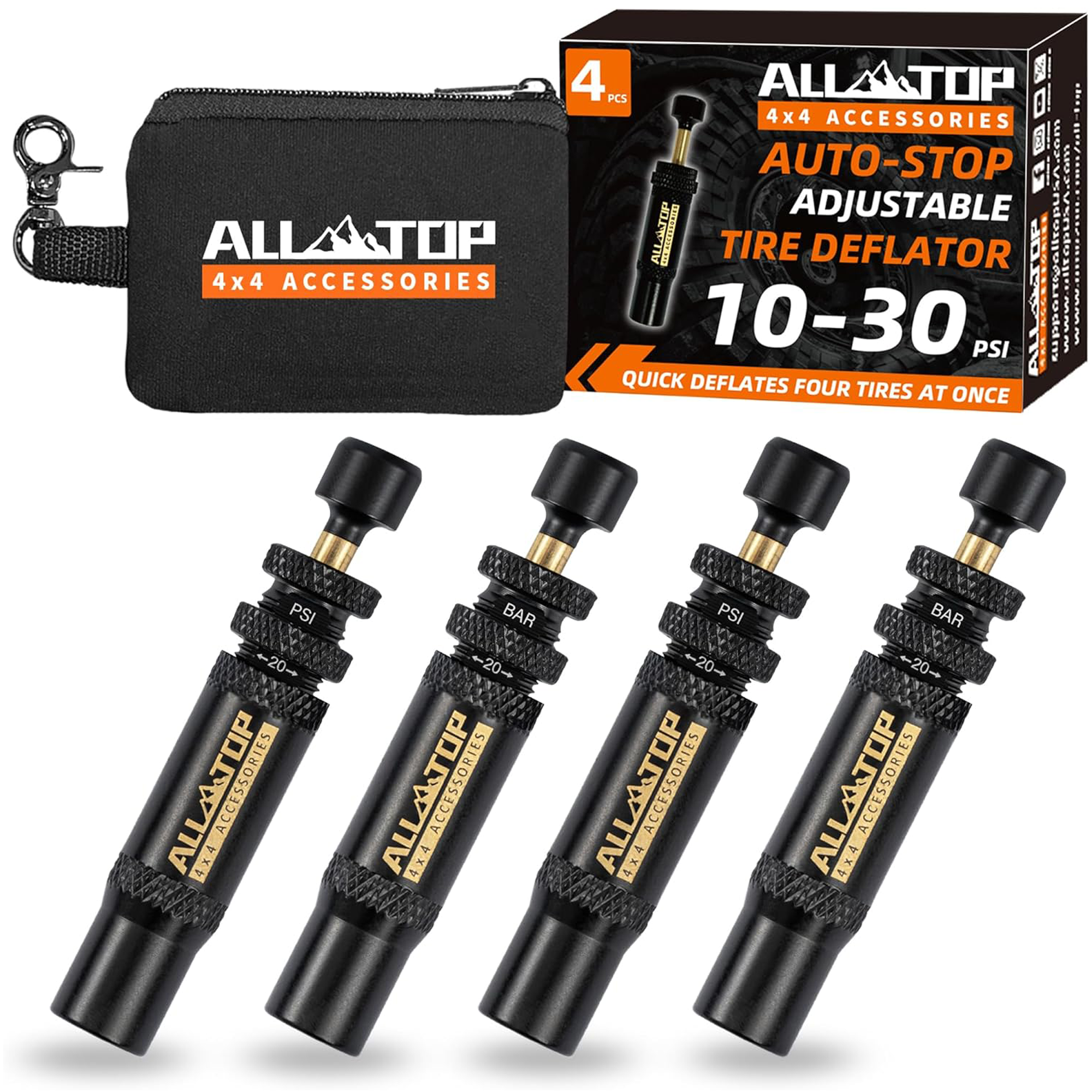 可调自动停止轮胎放气器，10-30 PSI，4 件套